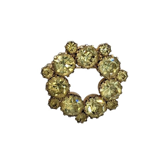 Paste Wreath Brooch Pin Yellow Round Prong Set Rhinestones Gold Tone Setting - Picture 8 of 13